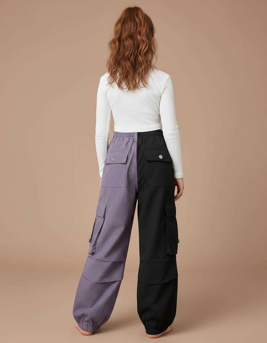 Pantalon Parachute Bicolore Ample Cargo Fille - Multicolore Polyester - vue 2