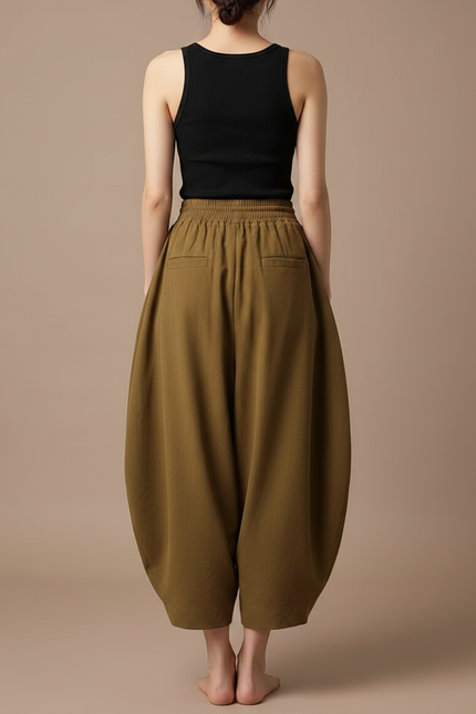 Pantalon Parachute Marron Ample Coton Décontracté Femme - Kaki - vue 2