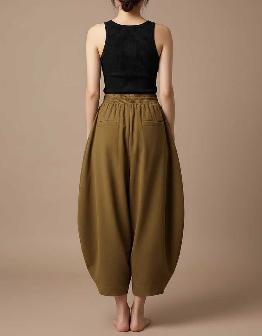 Pantalon Parachute Marron Ample Coton Décontracté Femme - Kaki - vue 2