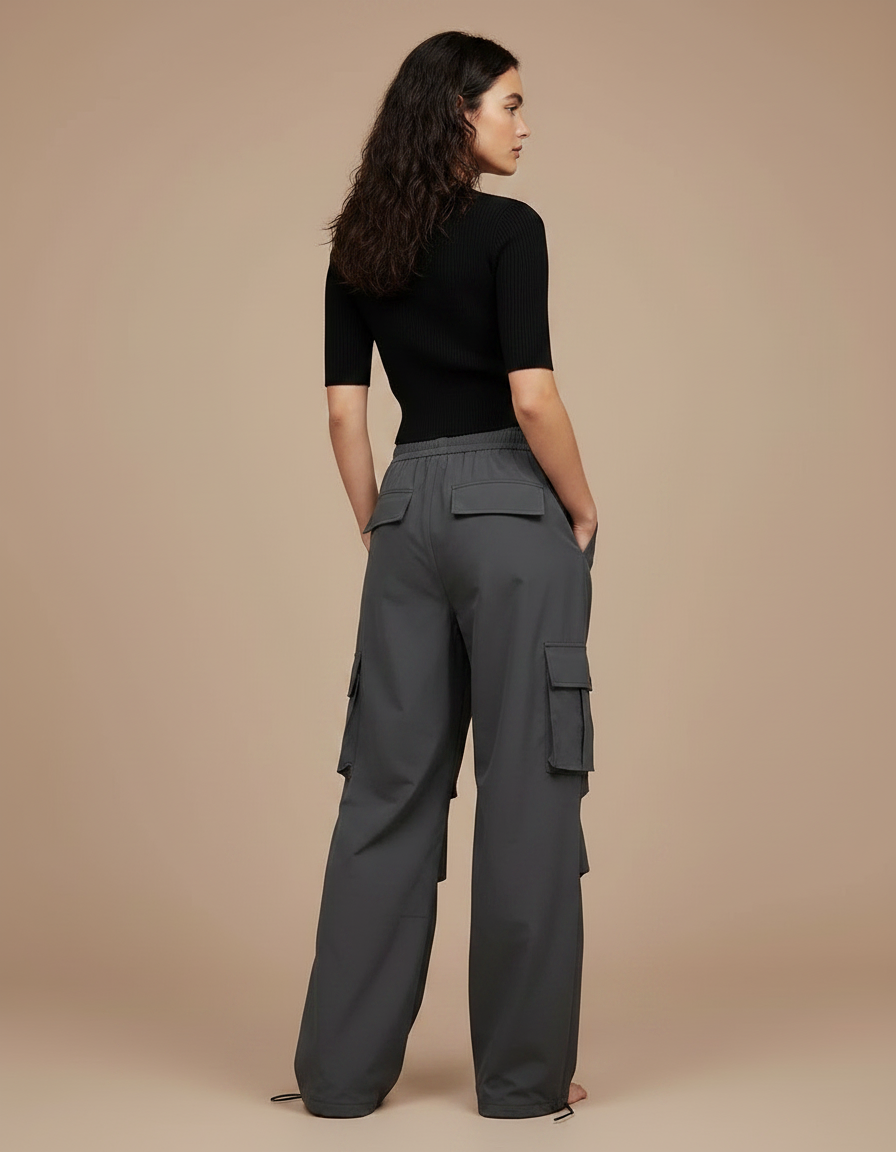 Pantalon Parachute Gris Femme Ample Cargo Décontracté - Polyester - vue 2