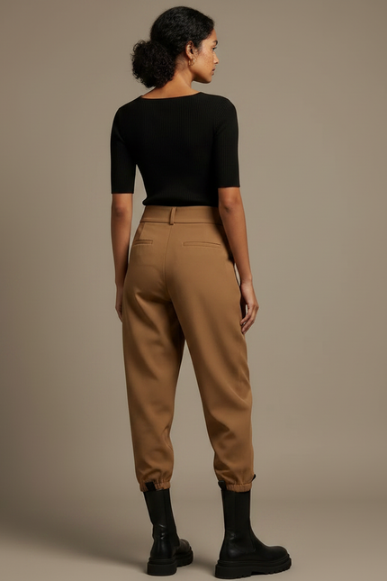 Pantalon Parachute Marron Ample Taille Haute Élégant - Gabardine - vue 2