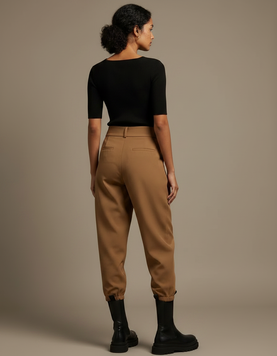 Pantalon Parachute Marron Ample Taille Haute Élégant - Gabardine - vue 2