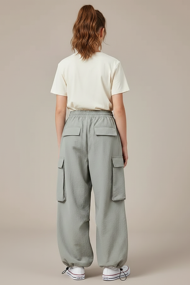 Pantalon Parachute Gris Ample Cargo Fille Décontracté - Polyester - vue 2