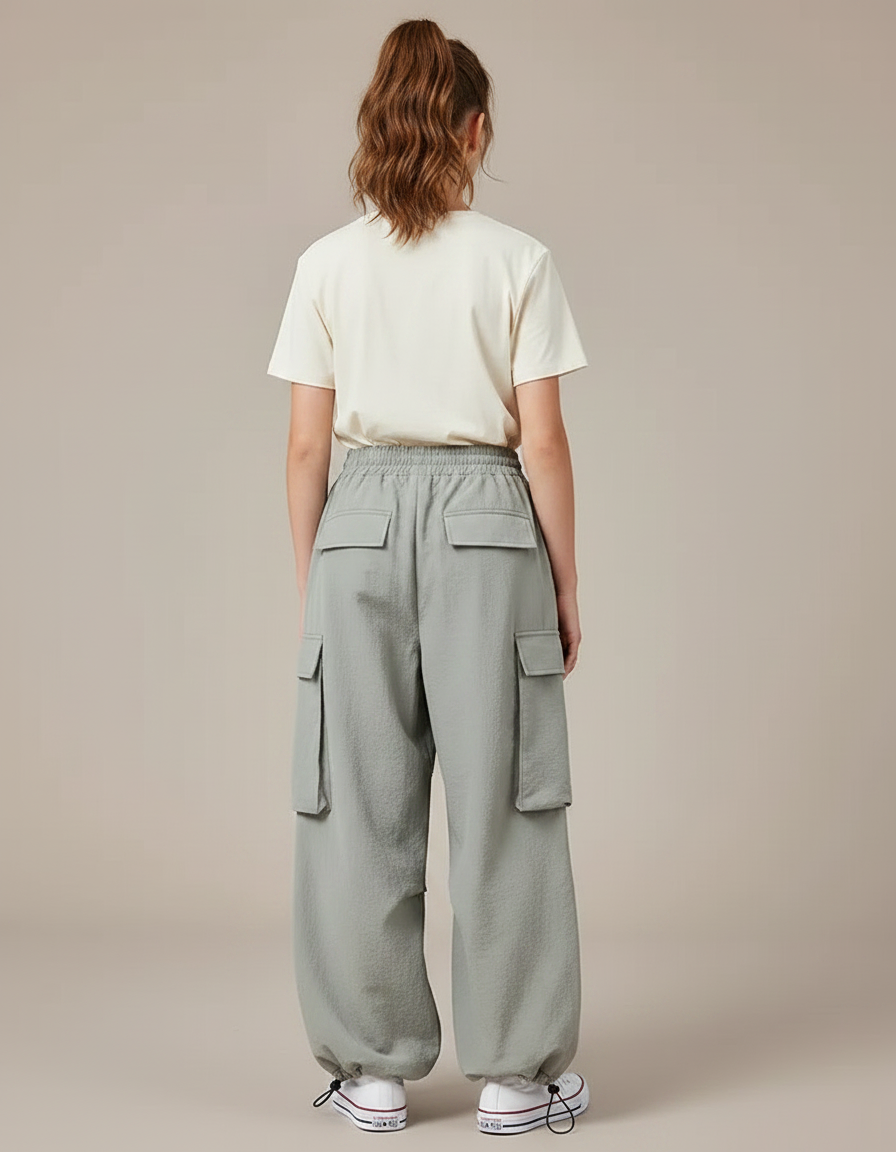 Pantalon Parachute Gris Ample Cargo Fille Décontracté - Polyester - vue 2