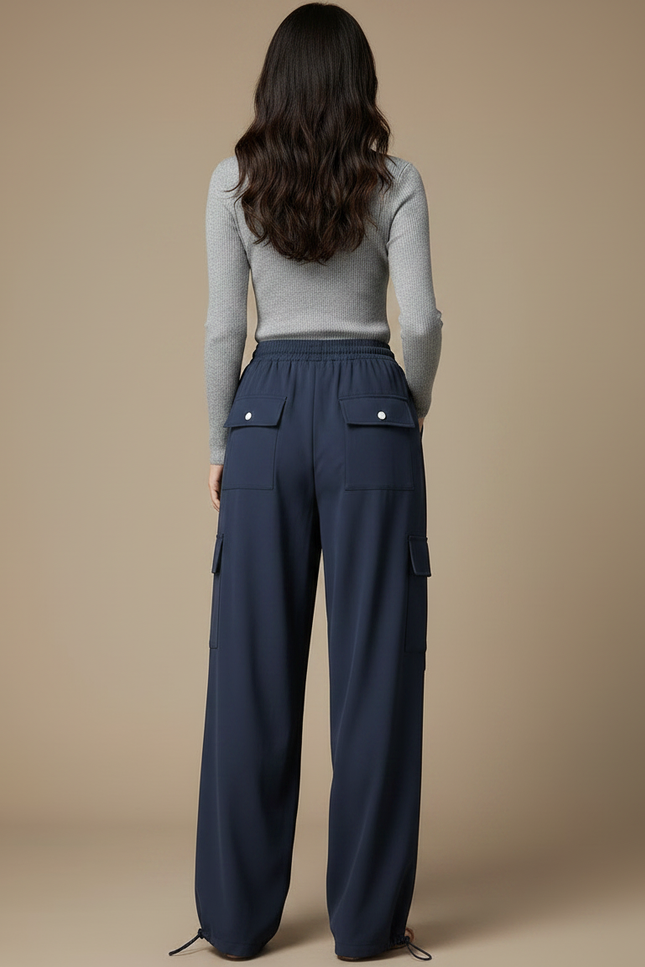 Pantalon Parachute Bleu Marine Fluide Cargo Femme - Polyester - vue 2