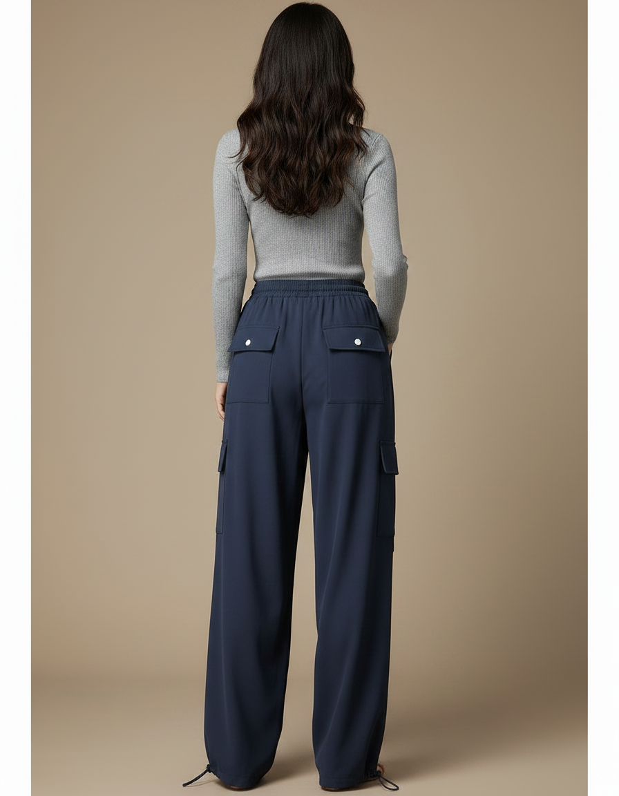 Pantalon Parachute Bleu Marine Fluide Cargo Femme - Polyester - vue 2