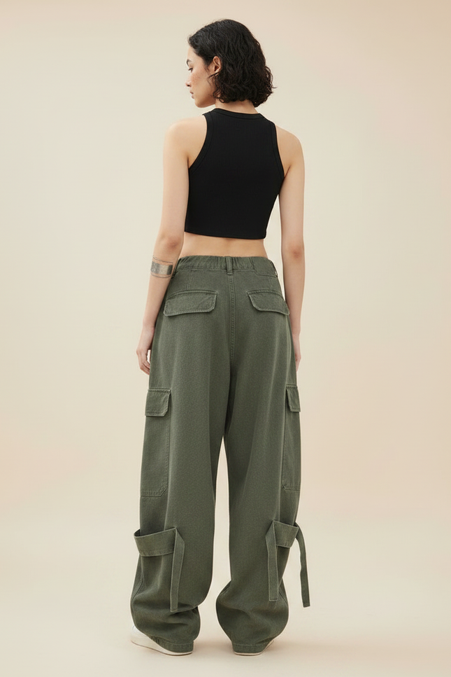 Pantalon Parachute Kaki Ample Cargo Zippé Streetwear - Toile - vue 2