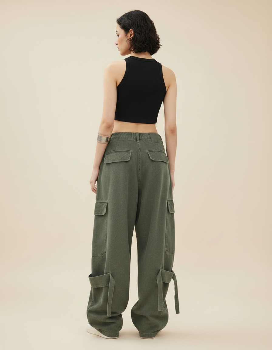 Pantalon Parachute Kaki Ample Cargo Zippé Streetwear - Toile - vue 2