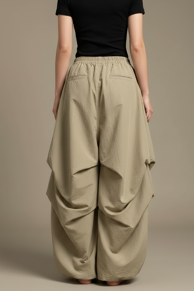 Pantalon Parachute Kaki Ample Plissé Décontracté Femme - Polyester - vue 2