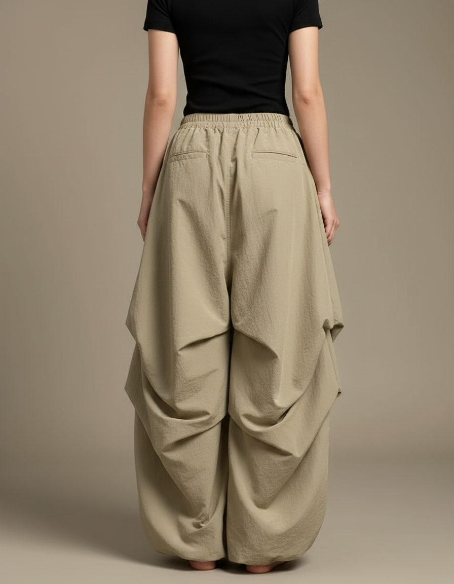 Pantalon Parachute Kaki Ample Plissé Décontracté Femme - Polyester - vue 2