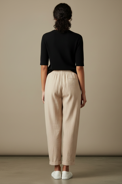 Pantalon Parachute Lin Beige Ample Décontracté Chic - vue 2