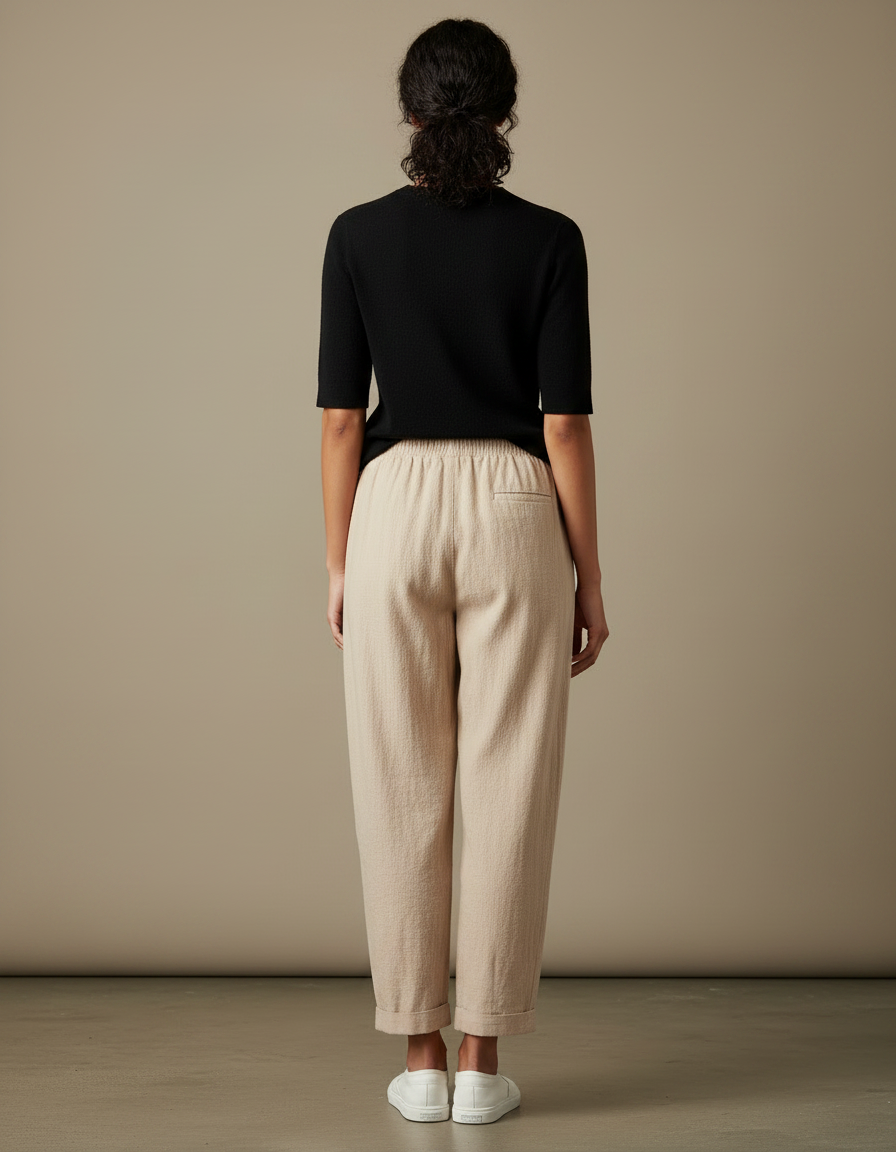 Pantalon Parachute Lin Beige Ample Décontracté Chic - vue 2