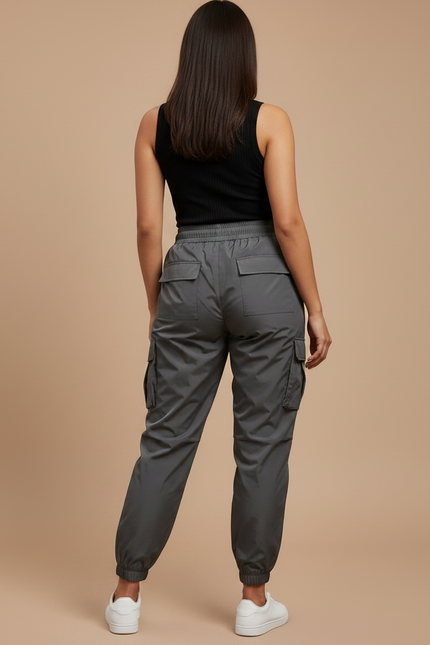 Pantalon Parachute Gris Femme Ample Cargo Cordon - Polyester - vue 2