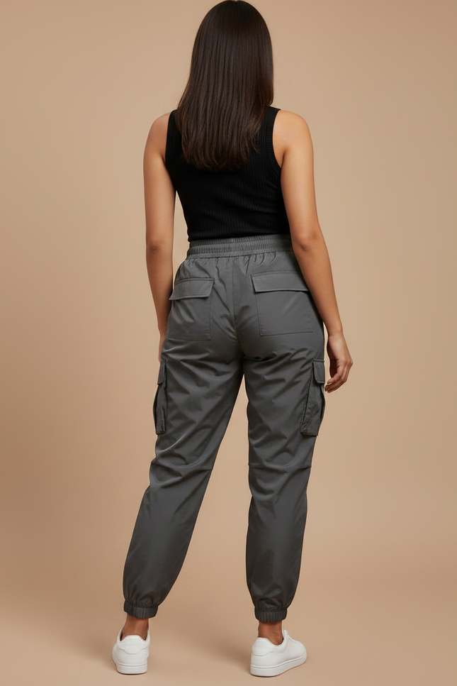 Pantalon Parachute Gris Femme Ample Cargo Cordon - Polyester - vue 2