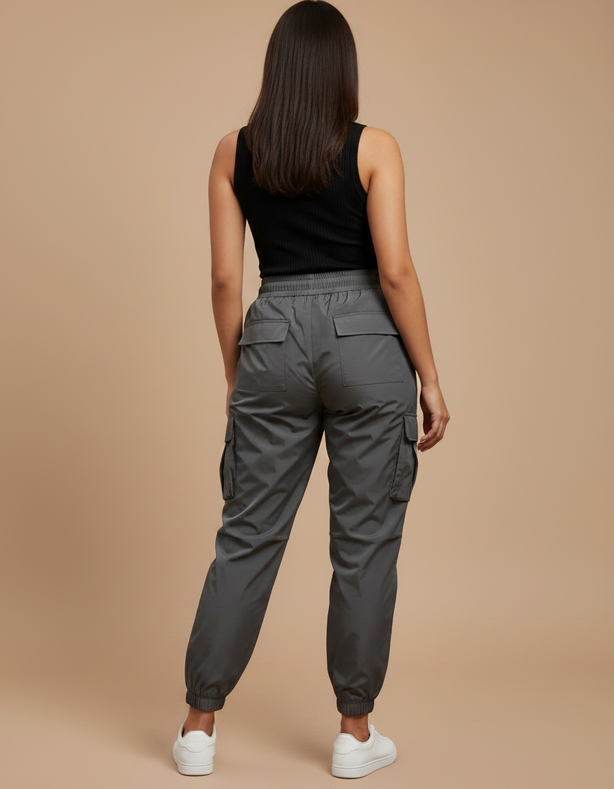 Pantalon Parachute Gris Femme Ample Cargo Cordon - Polyester - vue 2