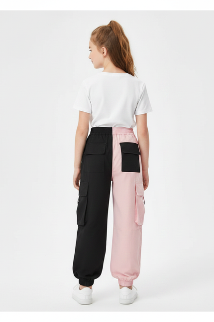 Pantalon Parachute Bicolore Noir Rose Cargo Fille - Multicolore Polyester - vue 2