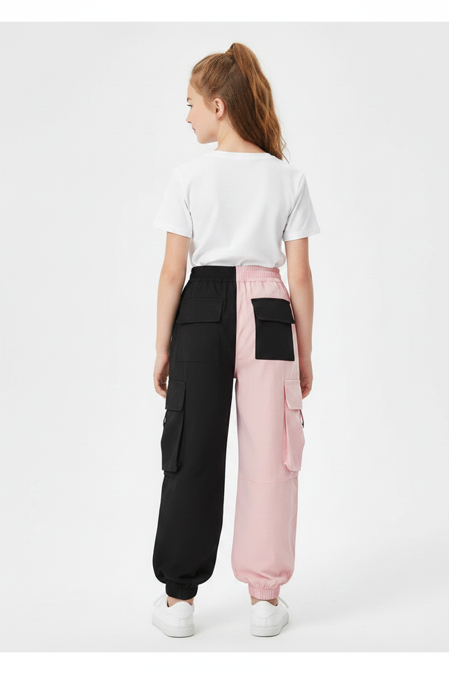 Pantalon Parachute Bicolore Noir Rose Cargo Fille - Multicolore Polyester - vue 2