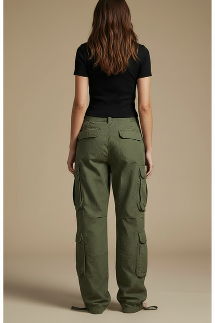 Pantalon Parachute Kaki Ample Cargo Multi-poches Femme - Toile - vue 2