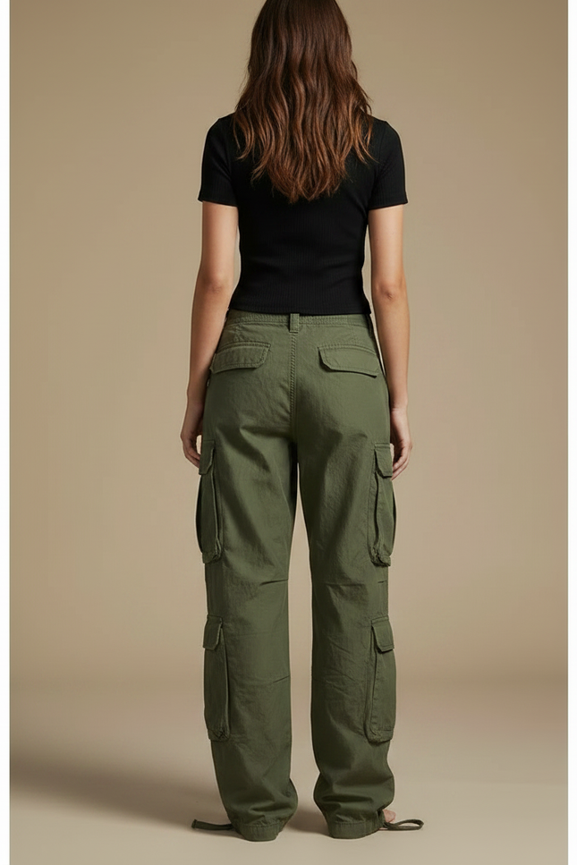 Pantalon Parachute Kaki Ample Cargo Multi-poches Femme - Toile - vue 2