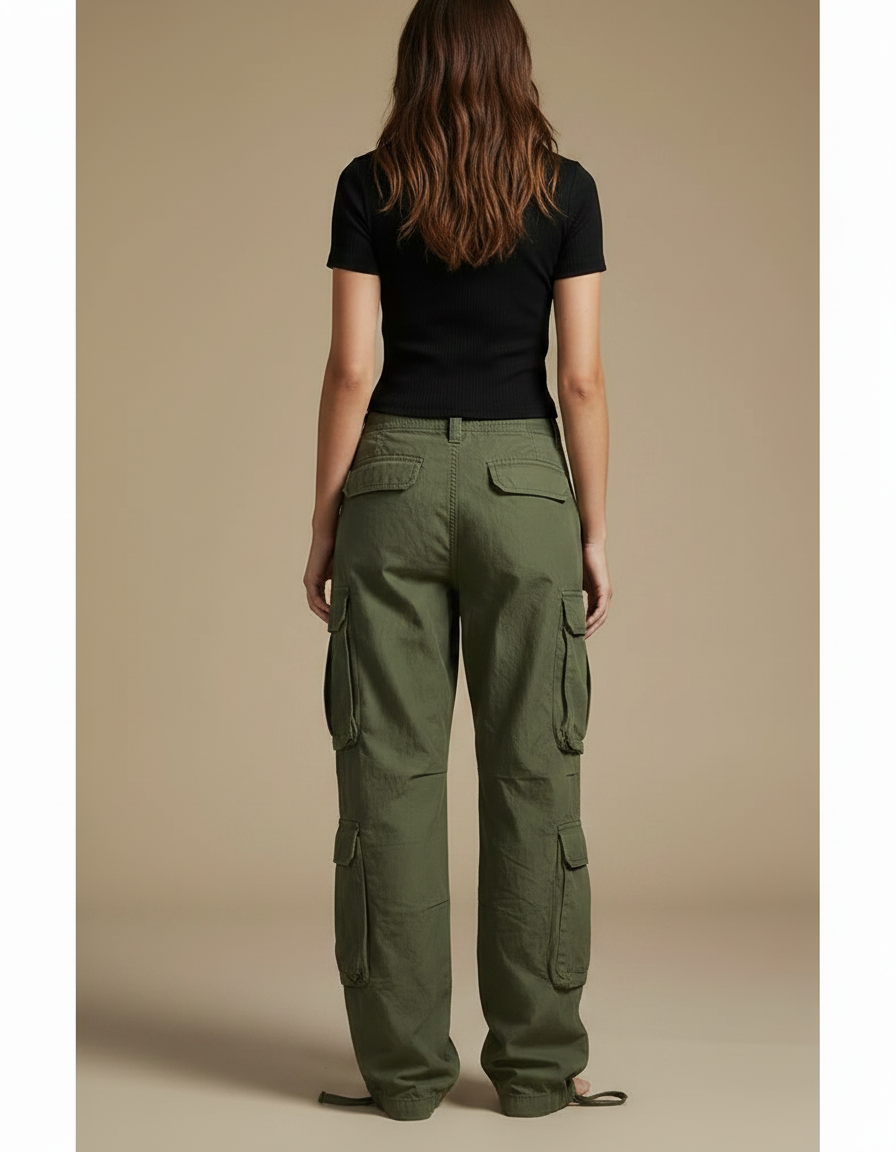 Pantalon Parachute Kaki Ample Cargo Multi-poches Femme - Toile - vue 2