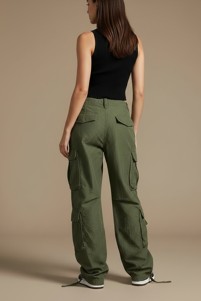 Pantalon Parachute Vert Ample Cargo Femme Streetwear - Kaki Toile - vue 2