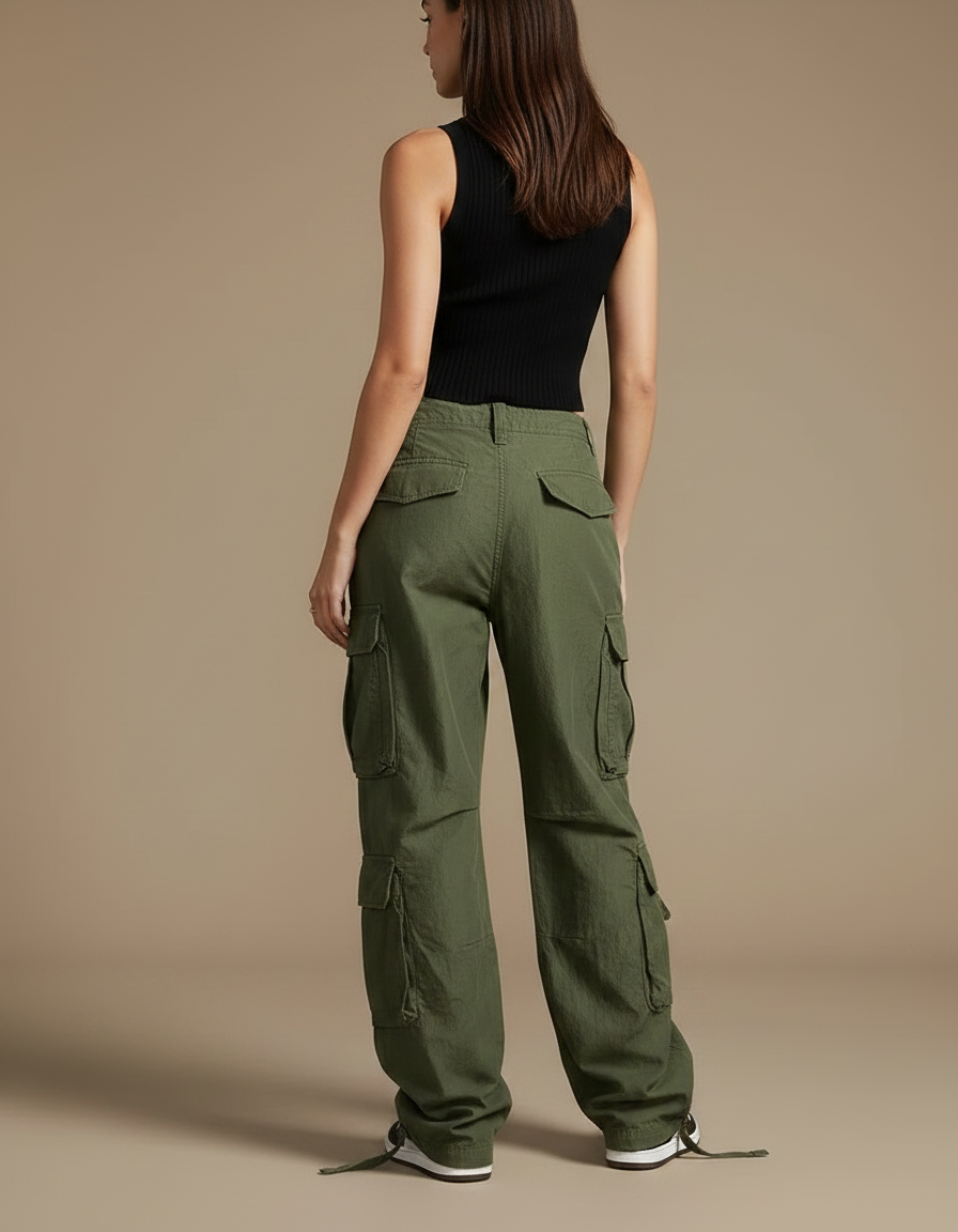 Pantalon Parachute Vert Ample Cargo Femme Streetwear - Kaki Toile - vue 2