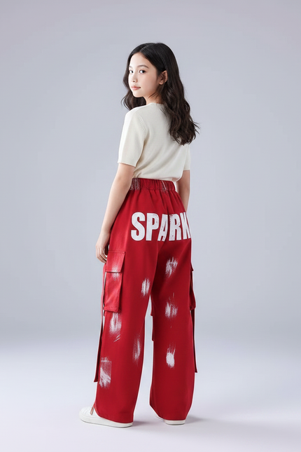 Pantalon Parachute Rouge Cargo Imprimé Ample Fille - Toile - vue 2