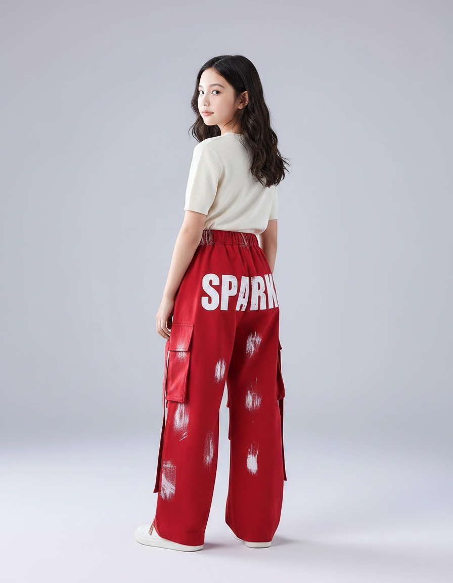 Pantalon Parachute Rouge Cargo Imprimé Ample Fille - Toile - vue 2