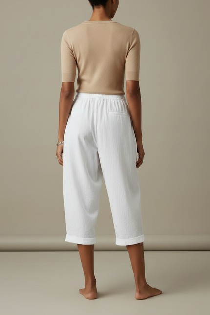 Pantalon Parachute Blanc Coton Lin Ample Décontracté Cordon - vue 2