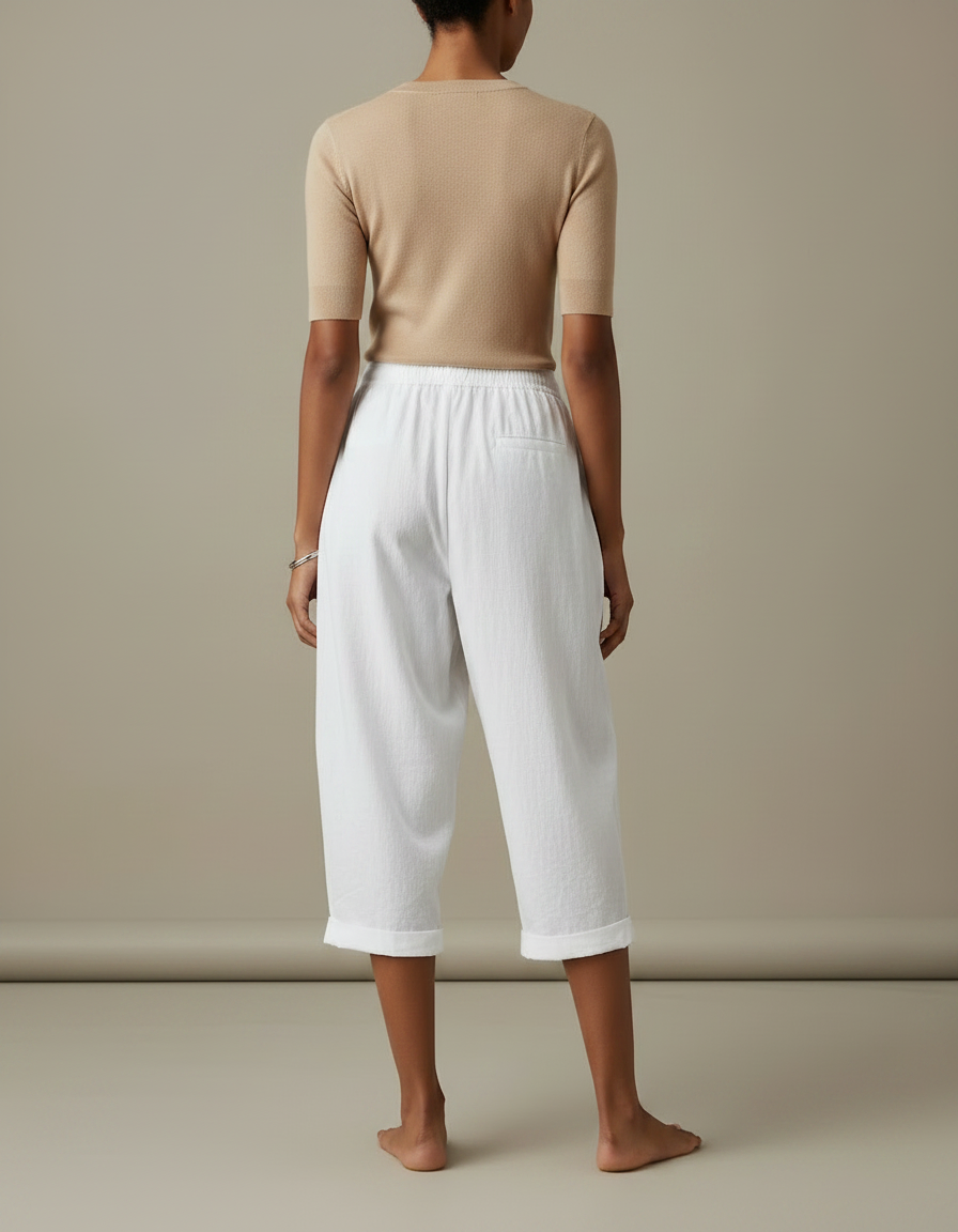 Pantalon Parachute Blanc Coton Lin Ample Décontracté Cordon - vue 2