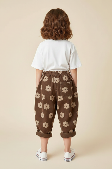 Pantalon Parachute Marron Floral Ample Coton Enfant - Molleton - vue 2