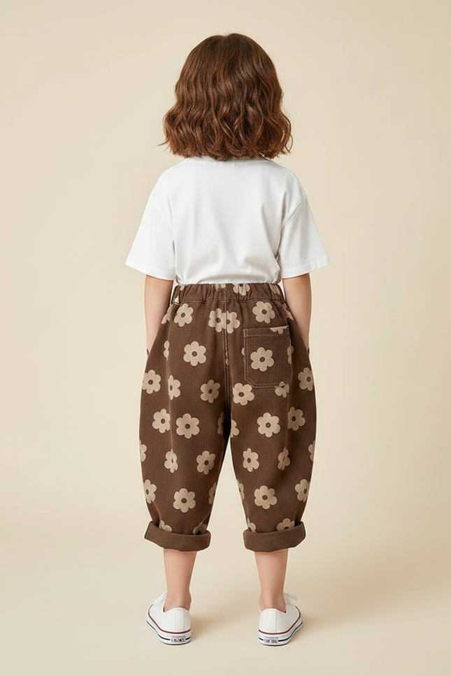 Pantalon Parachute Marron Floral Ample Coton Enfant - Molleton - vue 2