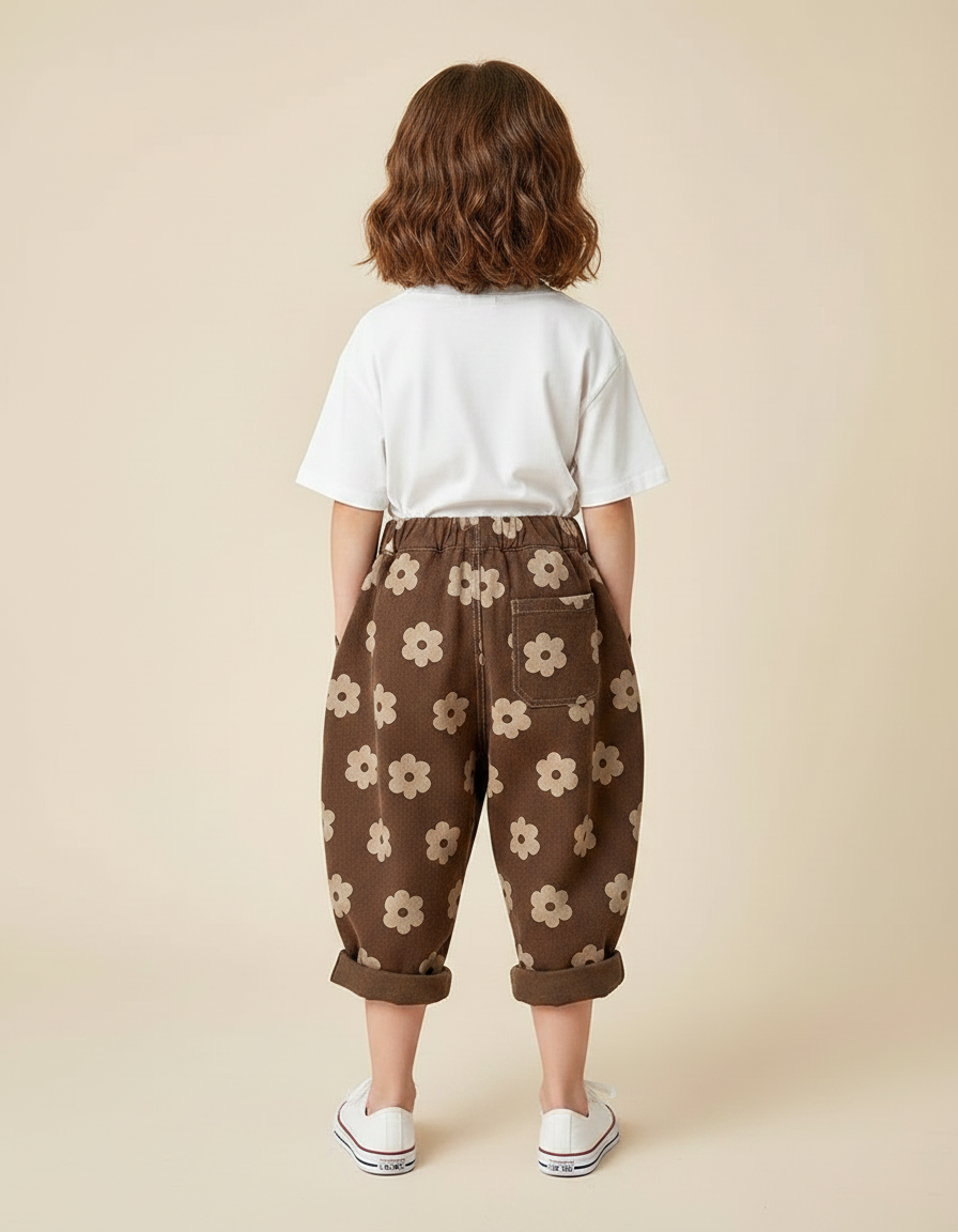 Pantalon Parachute Marron Floral Ample Coton Enfant - Molleton - vue 2