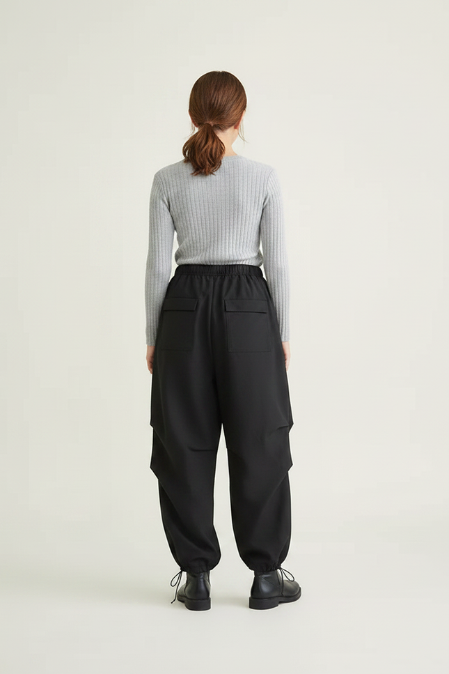 Pantalon Parachute Noir Ample Cargo Femme Chic - Polyester - vue 2