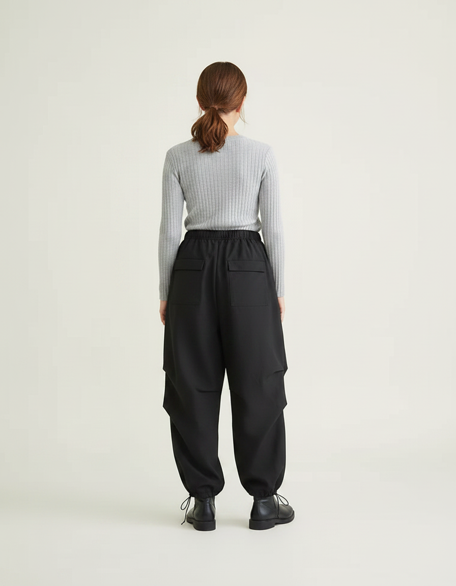 Pantalon Parachute Noir Ample Cargo Femme Chic - Polyester - vue 2