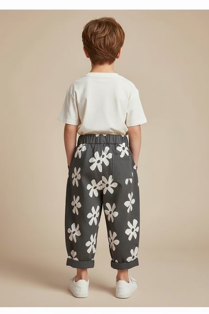 Pantalon Parachute Gris Fleurs Ample Coton Enfant - vue 2