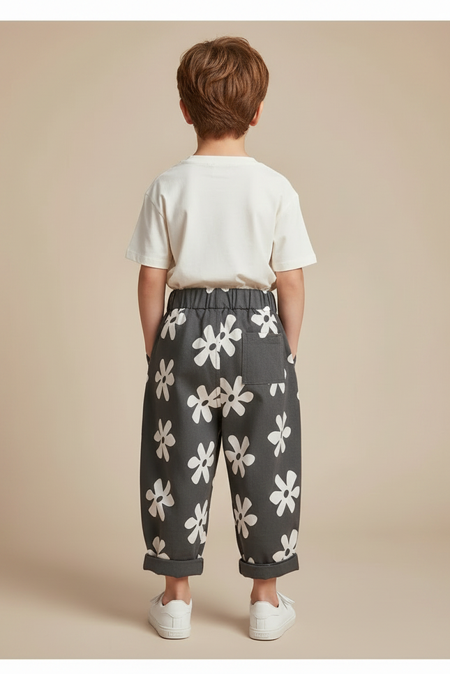 Pantalon Parachute Gris Fleurs Ample Coton Enfant - vue 2