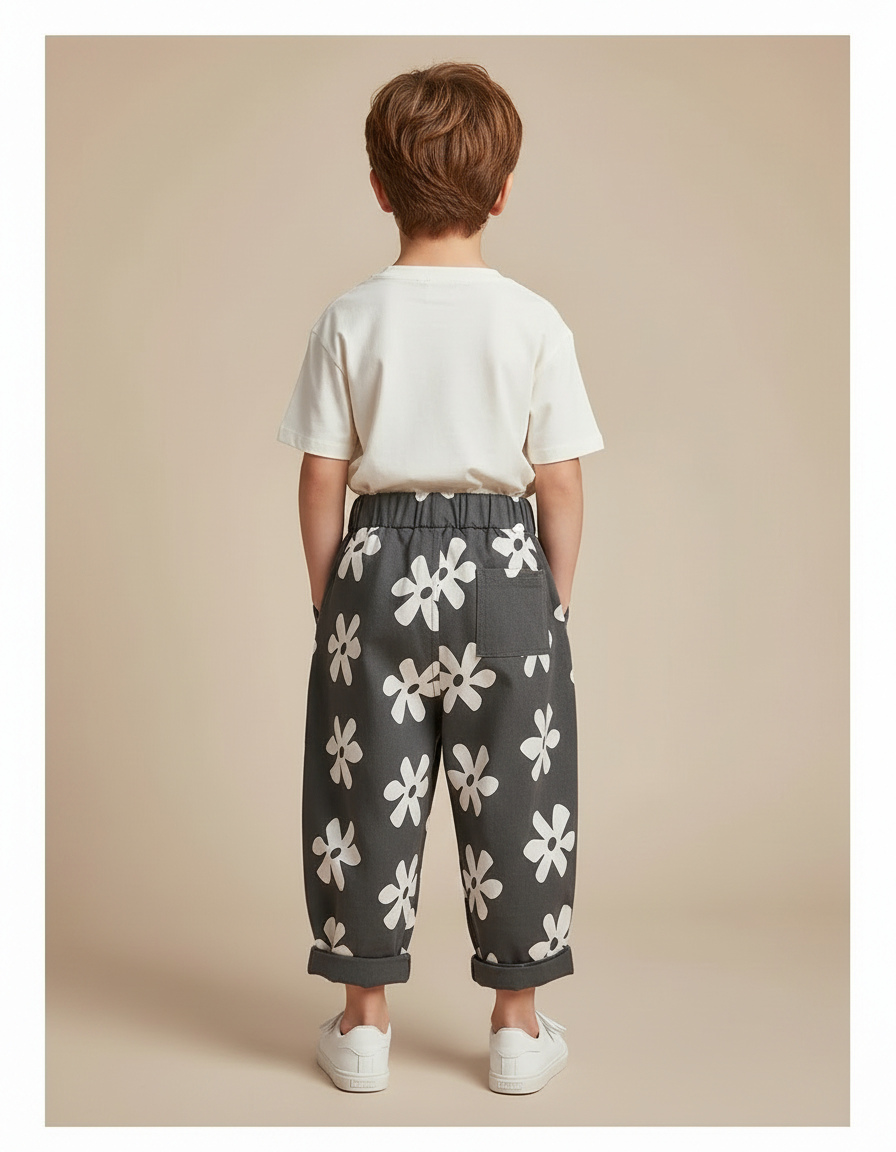Pantalon Parachute Gris Fleurs Ample Coton Enfant - vue 2
