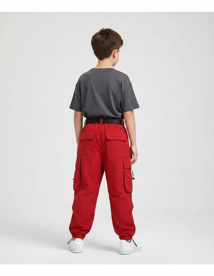 Pantalon Parachute Rouge Cargo Ample Enfant Hip Hop - Polyester - vue 2