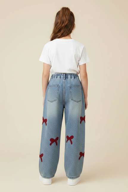 Pantalon Parachute Denim Ample Nœuds Fille - Bleu Jean - vue 2