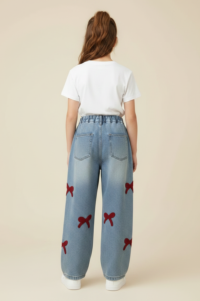 Pantalon Parachute Denim Ample Nœuds Fille - Bleu Jean - vue 2
