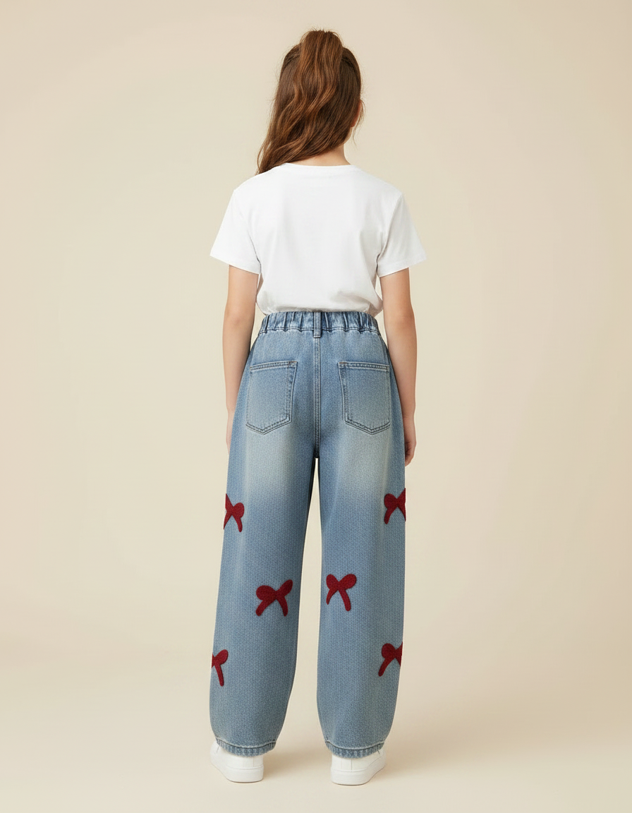 Pantalon Parachute Denim Ample Nœuds Fille - Bleu Jean - vue 2