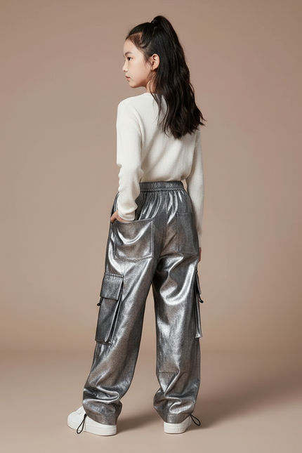 Pantalon Parachute Métallisé Argenté Cargo Ample Enfant - Simili cuir - vue 2