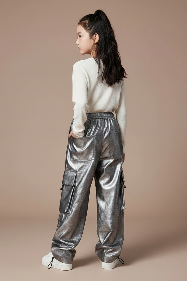 Pantalon Parachute Métallisé Argenté Cargo Ample Enfant - Simili cuir - vue 2
