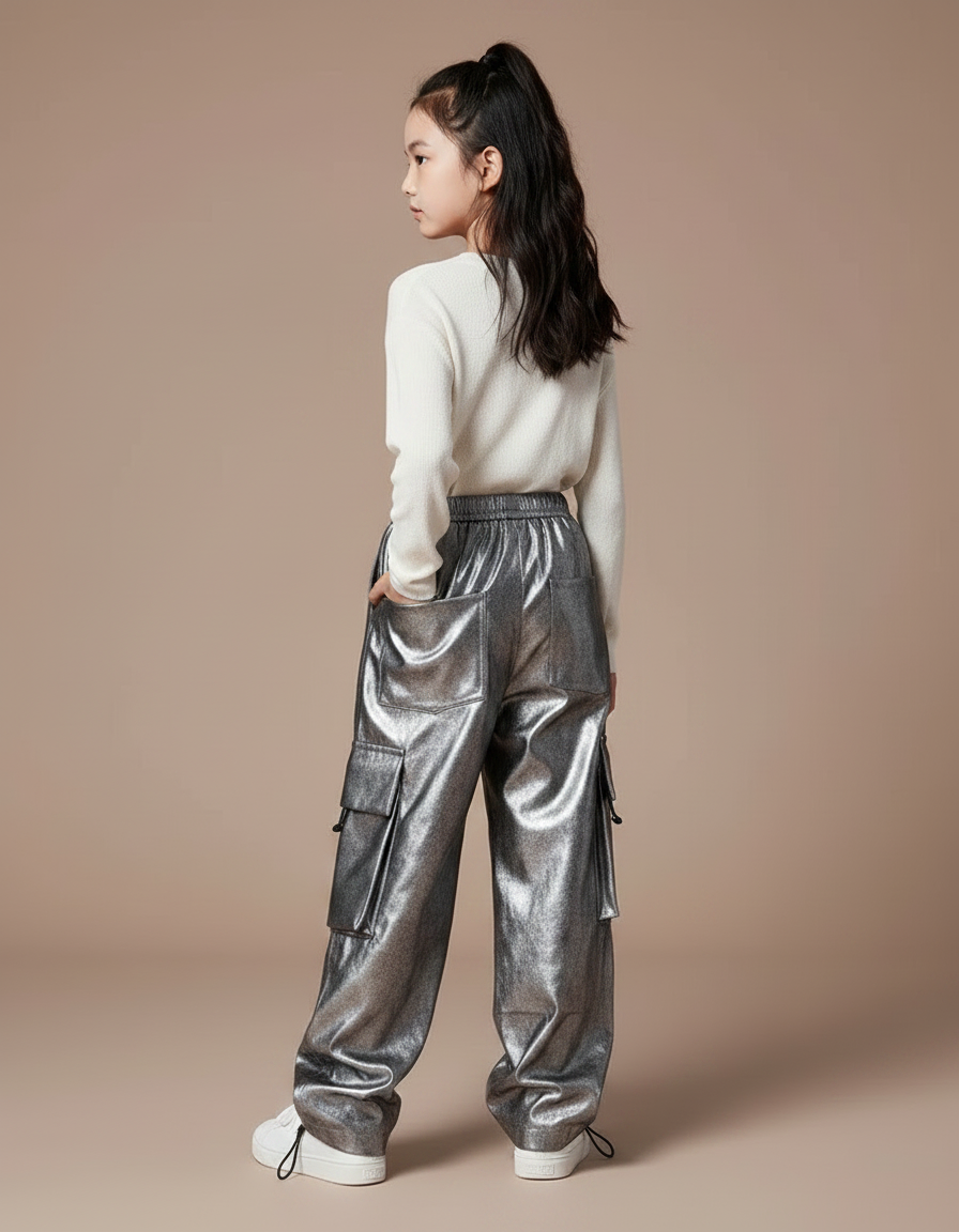 Pantalon Parachute Métallisé Argenté Cargo Ample Enfant - Simili cuir - vue 2
