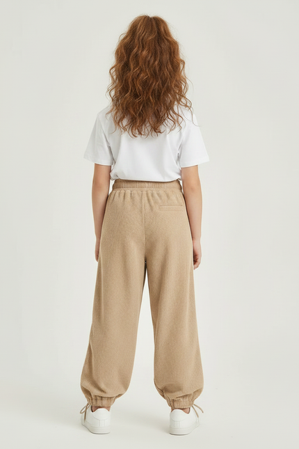 Pantalon Parachute Beige Côtelé Ample Lettre C Fille - Cordé - vue 2