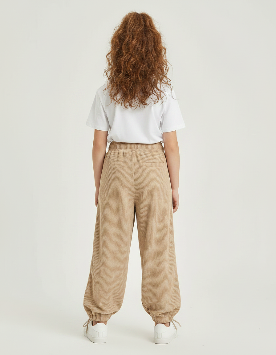 Pantalon Parachute Beige Côtelé Ample Lettre C Fille - Cordé - vue 2