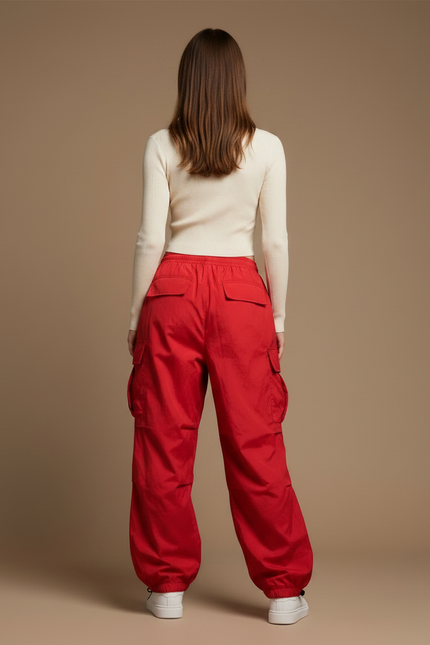 Pantalon Parachute Rouge Cargo Ample Femme Streetwear - Polyester - vue 2