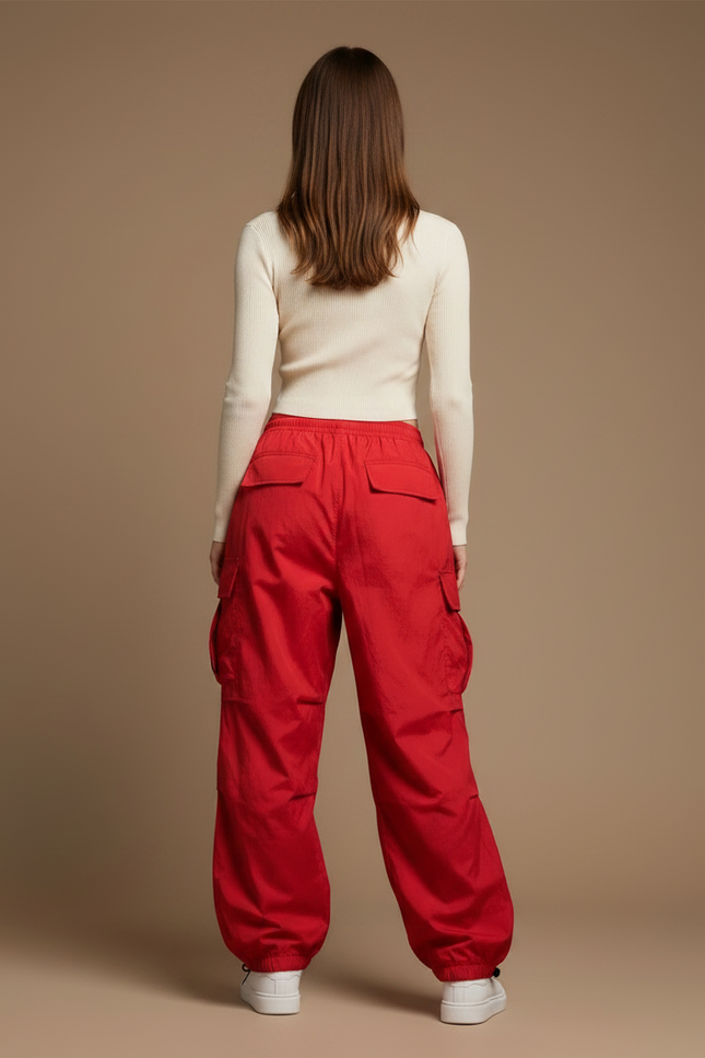 Pantalon Parachute Rouge Cargo Ample Femme Streetwear - Polyester - vue 2