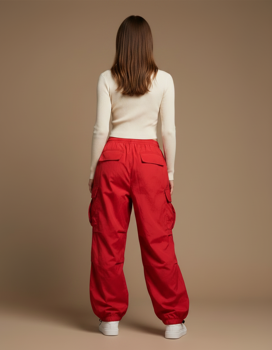 Pantalon Parachute Rouge Cargo Ample Femme Streetwear - Polyester - vue 2